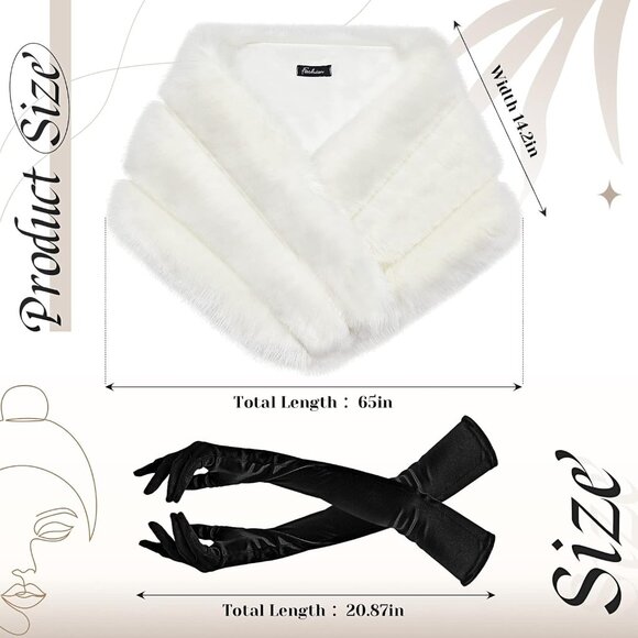 Winter Faux Fur Shawl and Satin Gloves Set for Women Dress Party Wedding - Picture 2 of 6